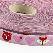 Webband byGraziela Herzen mit Bär und Fuchs, grau-rosa 15mm