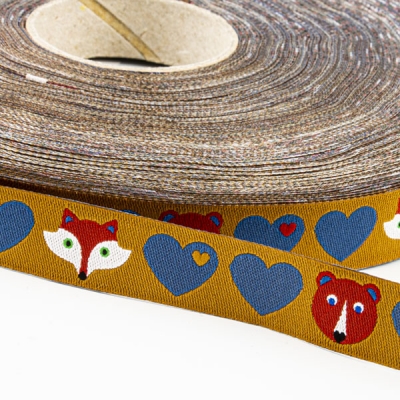 Webband byGraziela Herzen mit Bär und Fuchs, senf-blau 15mm